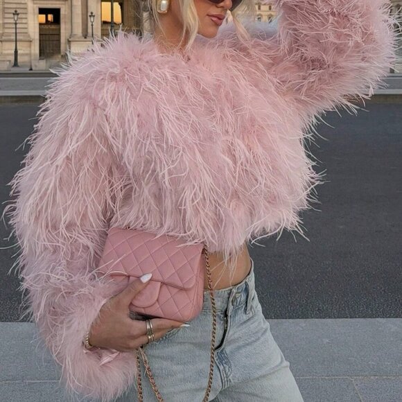 Pink Casual Women's Crew Neck Long Haired Coat - Picture 2 of 4